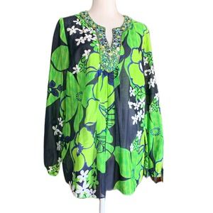 Lafayette 148 Green Mod Floral Print Beaded Tunic